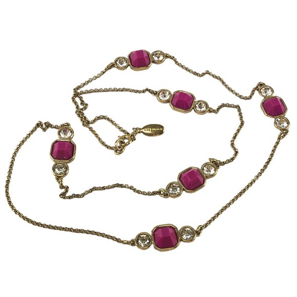 Ann Taylor Long Necklace Gold Tone with Pink Accents and Crystals - Picture 1 of 3